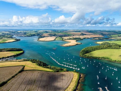 Salcombe and Mill Bay over Kingsbridge Estuary from a drone, Batson Creek, Southpool Creek, Devon,