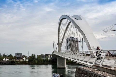 Bridge over the Rhine, cable-stayed bridge Passerelle des Deux Rives, Kehl, Ortenau,