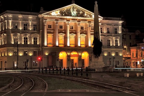 Romania, Banat, city of Arad, city centre, State Theatre, Ioan Slavici Theatre at night,