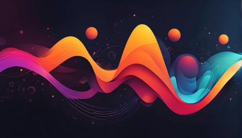 Abstract illustration of digital wave forms and circuits converging to form abstract symbols of