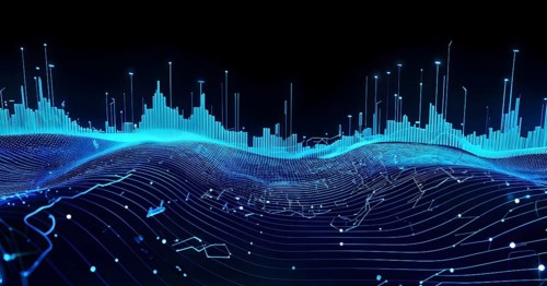 Abstract illustration of digital wave forms and circuits converging to form abstract symbols of