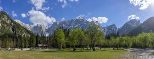Mangart mountain range on Lake Fusine, Tarvisio, province of Udine, Italy, Europe