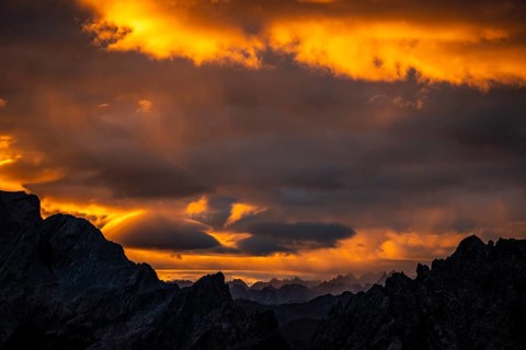 Montafon mountains with dramatic cloudy sky at sunrise, Tschagguns, Rätikon, Montafon, Vorarlberg,