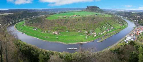 Panoramic view over the Elbe River meander from the Konigstein fortress on top of the Elbe