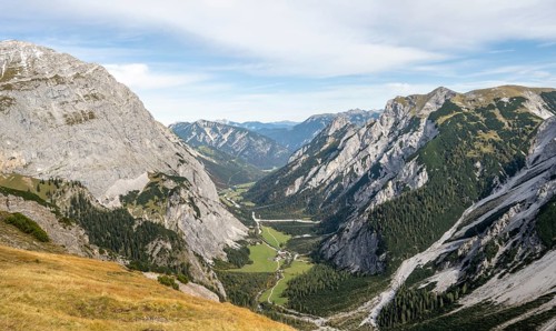 View of the Falzthurntal valley, in autumn, Karwendel mountains, Alpenpark Karwendel, Tyrol,