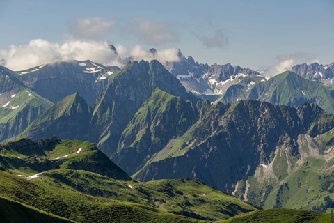Mountain panorama from Zeigersattel to Höfats 2259m, Allgäu Alps, Allgäu, Bavaria, Germany, Europe