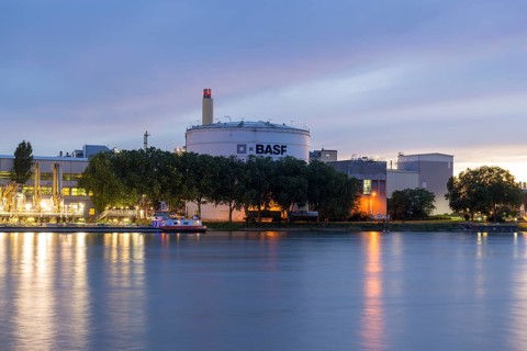 BASF, Lugwigshafen on the Rhine, industrial area, dusk, Mannheim, Baden-Württemberg, Germany,