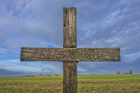World War One Khaki Chums Cross monument to WWI Christmas Truce German, British football match