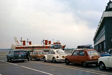 Cars waiting on the quayside for a Hoverlloyd hovercraft to cross the Channel, Ramsgate, Kent,