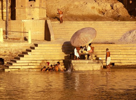 Hindus bathing in the holy river Ganges in Varanasi, India, 1974, Asia