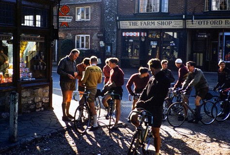 Male members of a cycling club ride Otford, Kent, England, UK 1956