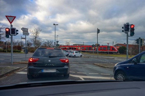 Traffic jam in front of a level crossing with barriers, Eckental, Middle Franconia, Bavaria,