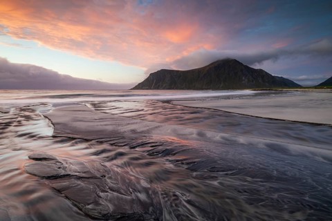 Sunset on the beach at Skagsanden, Flakstad, Lofoten, Norway, Europe
