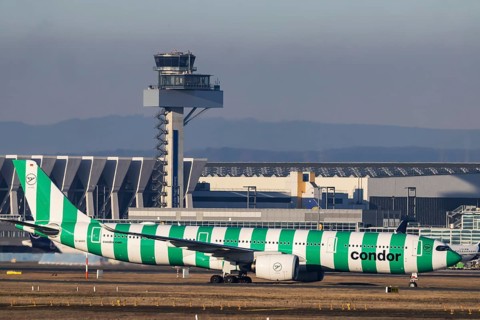 Aircraft of the holiday airline Condor in front of Tower and Hagar. Aircraft registration number: