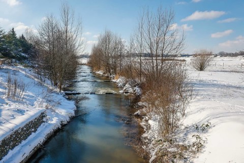 Hamm, North Rhine-Westphalia, Germany - Sunny winter landscape in the Ruhr area, ice and snow on