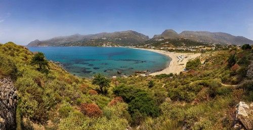 View from the Sarella peninsula to the bay and beach of Plakias, south coast, Crete, Greece, Europe