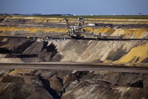 Opencast lignite mine with spreader and motorway in the background, Garzweiler, Jüchen, North