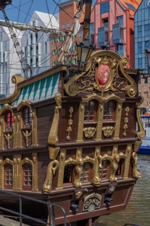 Mottlau pier in Gdansk with the Galeon Lew, a replica of an historic corsair