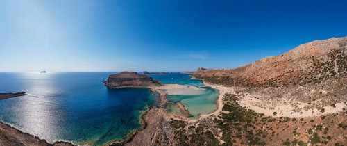 Drone shot, beach and bay of Balos, Gramvousa peninsula, Kolimbari, West Crete, Crete, Greece,