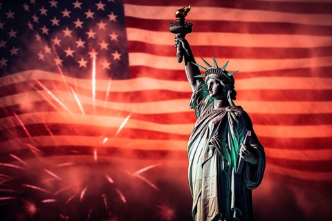 4th of July Independence day concept background - a statue of liberty in front of the American flag