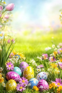 Easter egg hunt Easter egg hunt with flowers in a meadow in spring Greeting card with text free