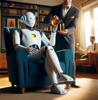 A humanoid robot sits in an armchair and is served by a human butler who pours a glass of oil,