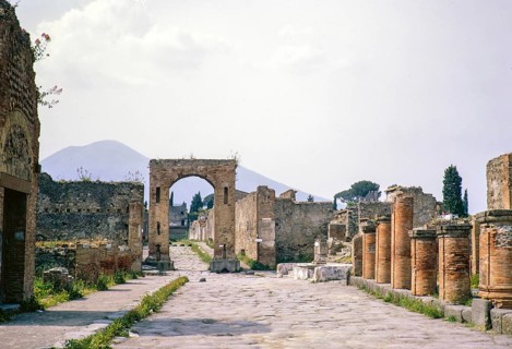 Roman ruins Archaeological Park of Pompeii, Naples, Italy, Europe 1967 with Mount Vesuvius volcano
