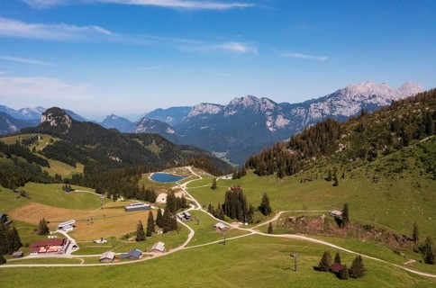 Drone shot, Hochalm, Loferer Alm with view to the Reiteralpe, Lofer, Pinzgau, Land Salzburg,