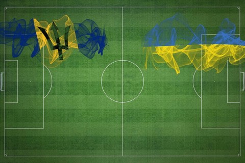 Barbados vs Ukraine Soccer Match, national colors, national flags, soccer field, football game,