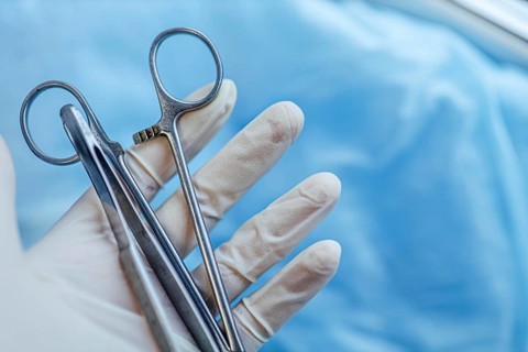 Gloved hand holding forceps with a blue background, indicating surgery preparation