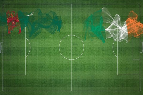 Turkmenistan vs Ireland Soccer Match, national colors, national flags, soccer field, football game,