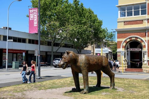 Bronze sculpture of a chimera by Susan Flavell, hybrid creature with body parts of various animals,