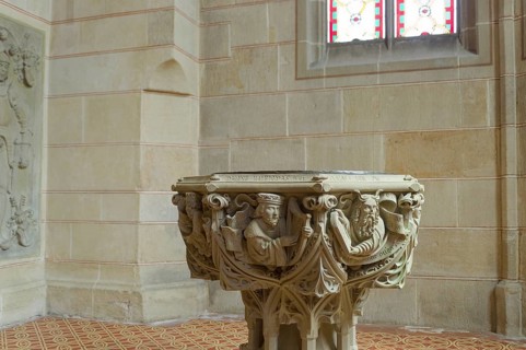 Baptismal font in the collegiate church of St Amandus, late Gothic, Gothic, Reformation, church,