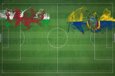 Wales vs Ecuador Soccer Match, national colors, national flags, soccer field, football game,