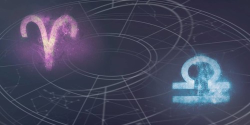 Aries and Libra horoscope signs compatibility. Night sky Abstract background