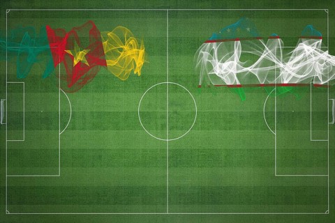 Cameroon vs Uzbekistan Soccer Match, national colors, national flags, soccer field, football game,