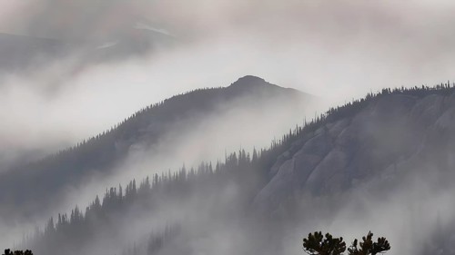 Foggy mountain landscape at sunset. Nature, AI generated