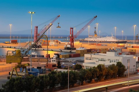 Night photo of cargo sea port in Heraklion, Crete Greece, Greece, Europe