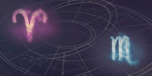 Aries and Scorpio horoscope signs compatibility. Night sky Abstract background