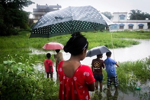 Children standing, monsoon, Barasat, Kolkata, West Bengal, India, Asia