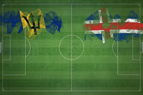 Barbados vs Iceland Soccer Match, national colors, national flags, soccer field, football game,