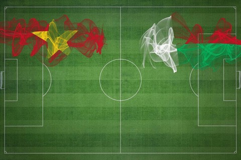 Vietnam vs Madagascar Soccer Match, national colors, national flags, soccer field, football game,