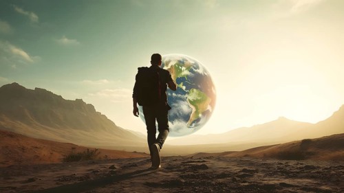 Person thinking about meaning of life. Man and the globe Earth, AI generated