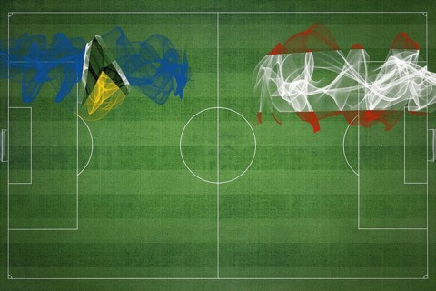Saint Lucia vs Austria Soccer Match, national colors, national flags, soccer field, football game,