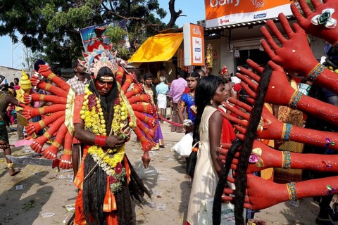 People dress as Hindu Goddess Kali near Mutharamman temple, Tamil Nadu, India, Asia