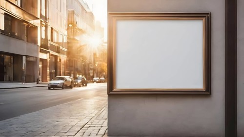 Artifical Intelligence generated interior with empty frame on wall. Blank picture frame hanging on