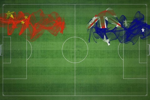 China vs Australia Soccer Match, national colors, national flags, soccer field, football game,