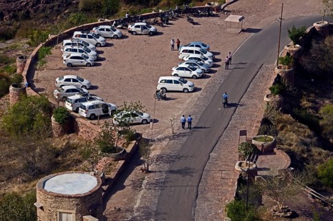 Cars parking lot of Mehrangarh Fort, Jodhpur, Rajasthan, India, Asia