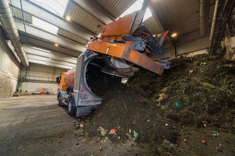 A disposal vehicle from the company Becker Umwelttechnik, delivers the contents of organic waste