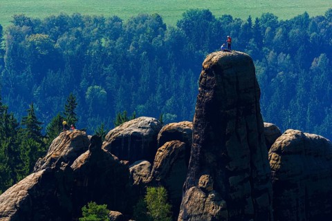 Climbers in the Schrammstein area in Saxon Switzerland